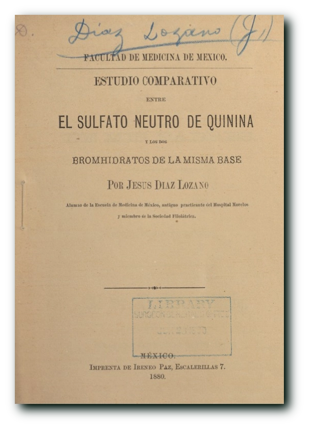 Portada del libro Estudio comparativo entre el sulfato neutro de quinina y los dos bromhidratos de la misma base.